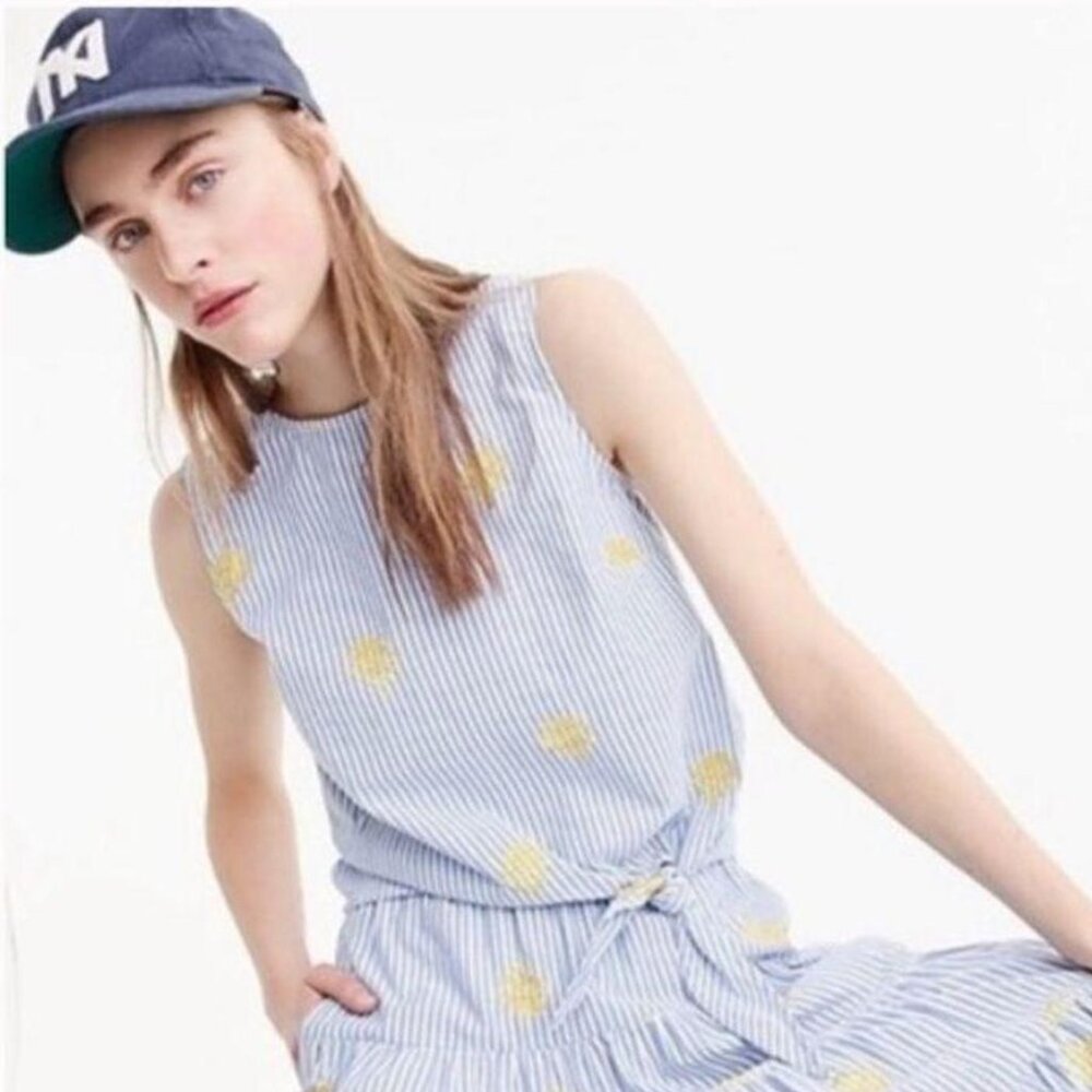 J. Crew Sleeveless Blue Striped Pineapple Embroidered Top Size 2